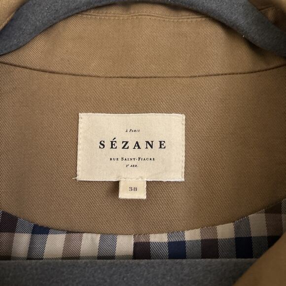 Sezane Clyde Trench Coat Button Up Camel Brown Women Sz 38 US 6 Plaid Lined - Picture 2 of 14